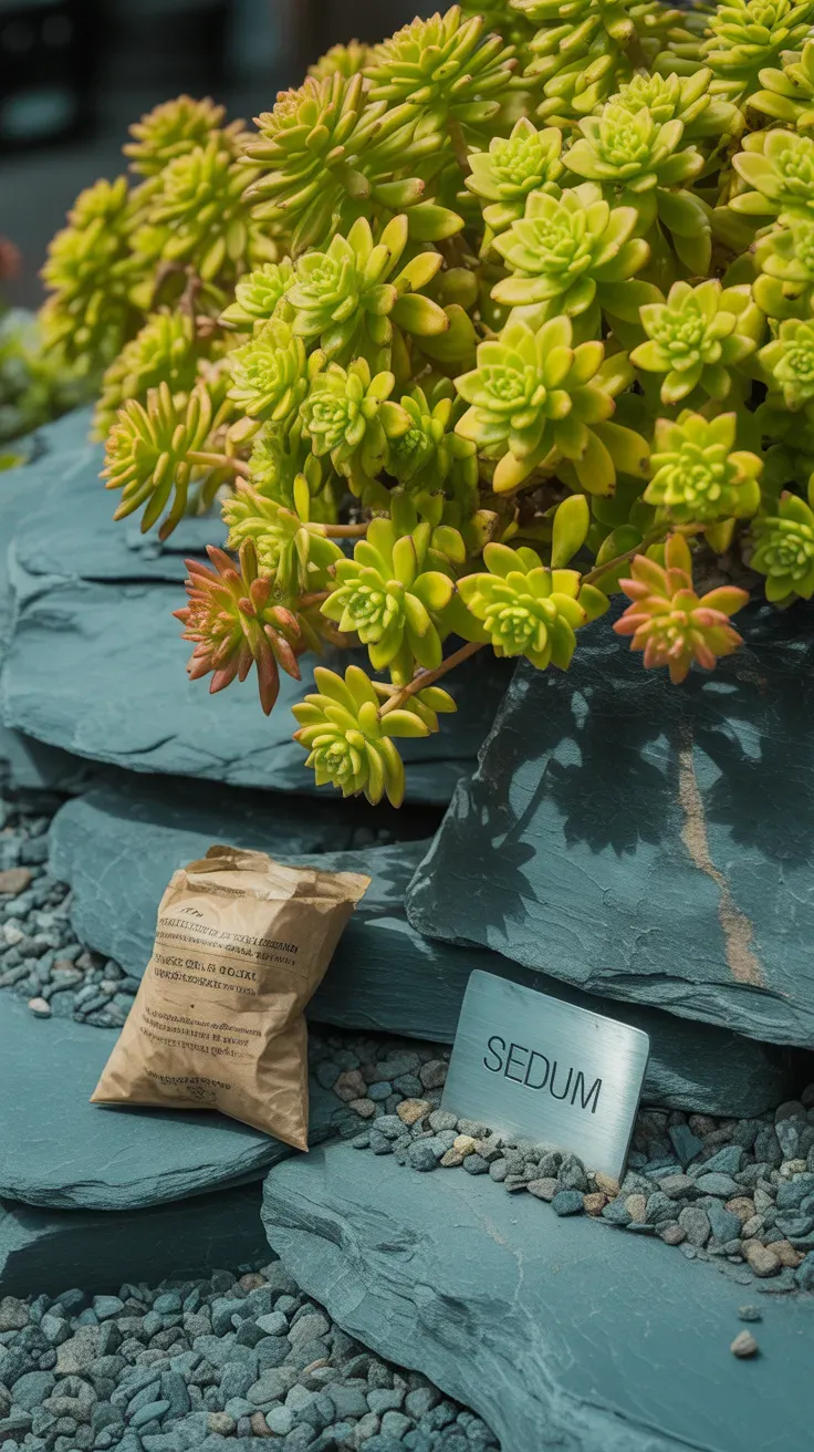 Golden sedum angelina foliage spilling over rock garden edge in bright sun