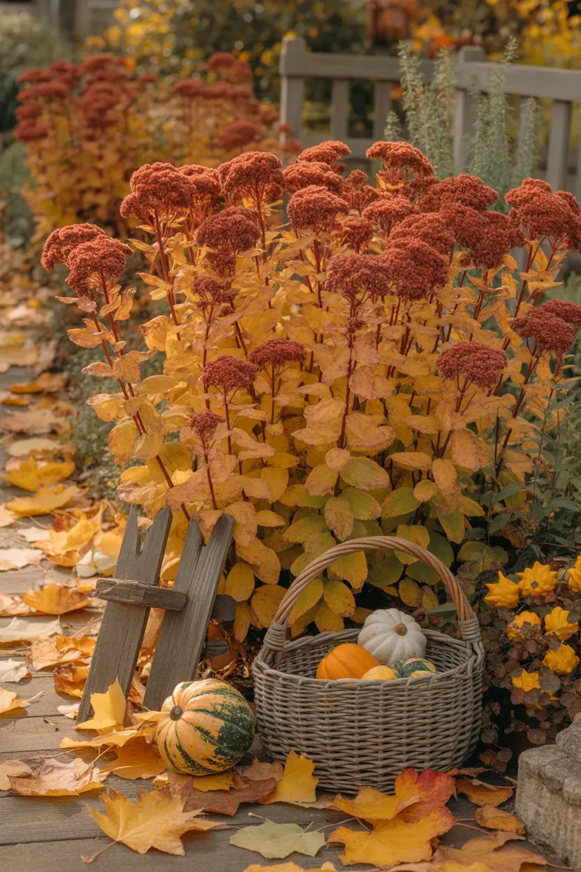 Sedum autumn joy with rust-colored blooms standing in sunny fall garden border