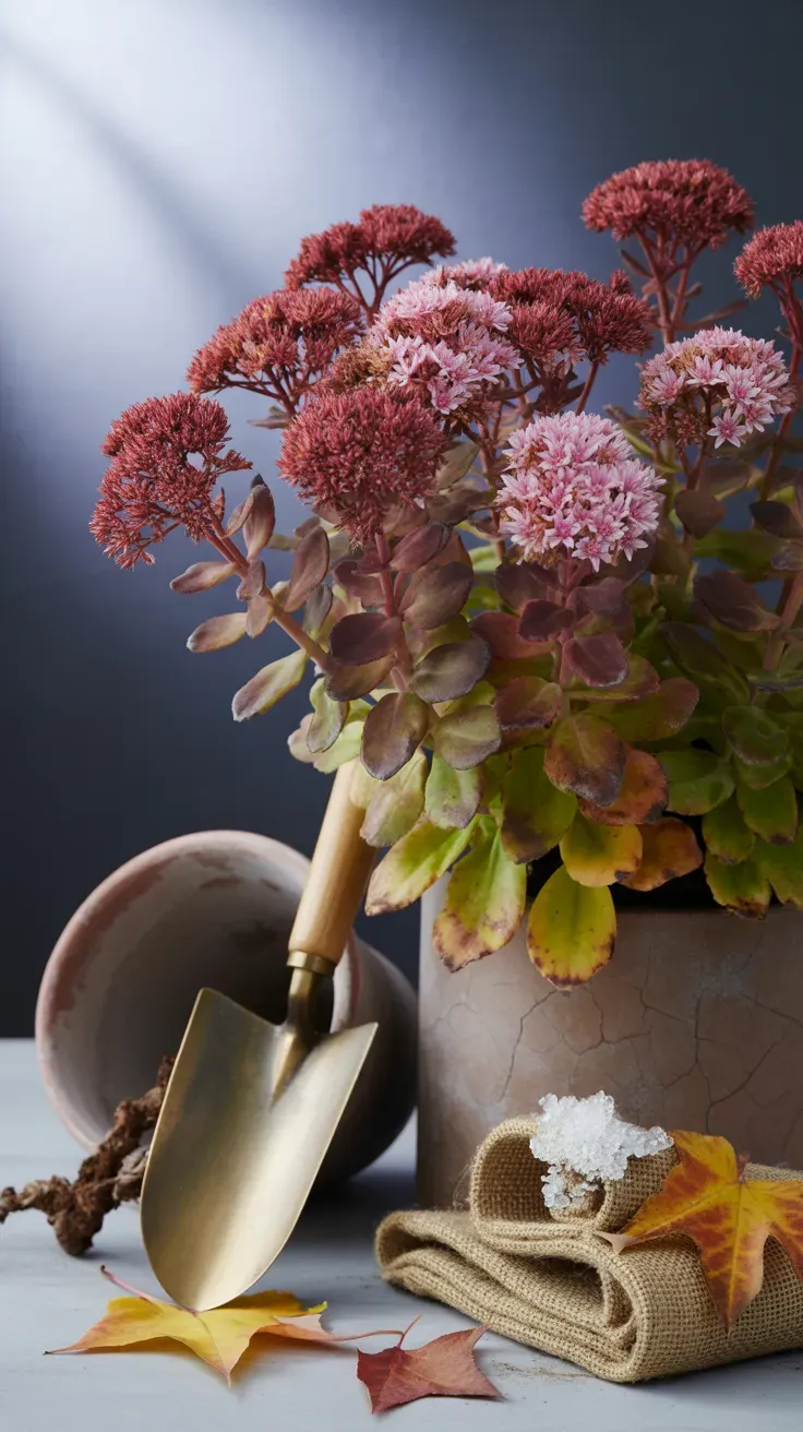 Sedum Autumn Joy flower heads shifting from pink to rust in an autumn garden bed