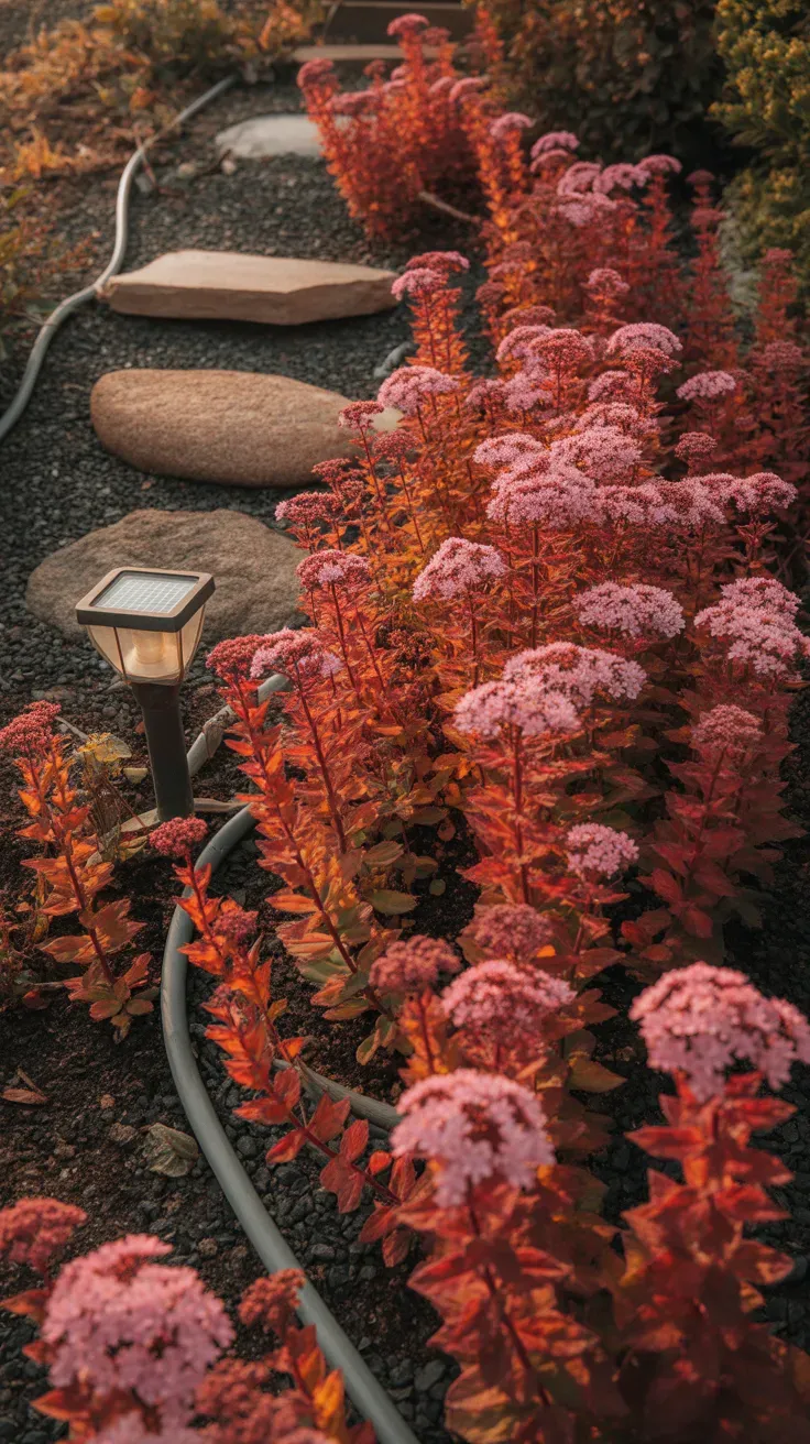 Sedum dragons blood with red-tinged foliage and pink flowers spreading across sunny slope