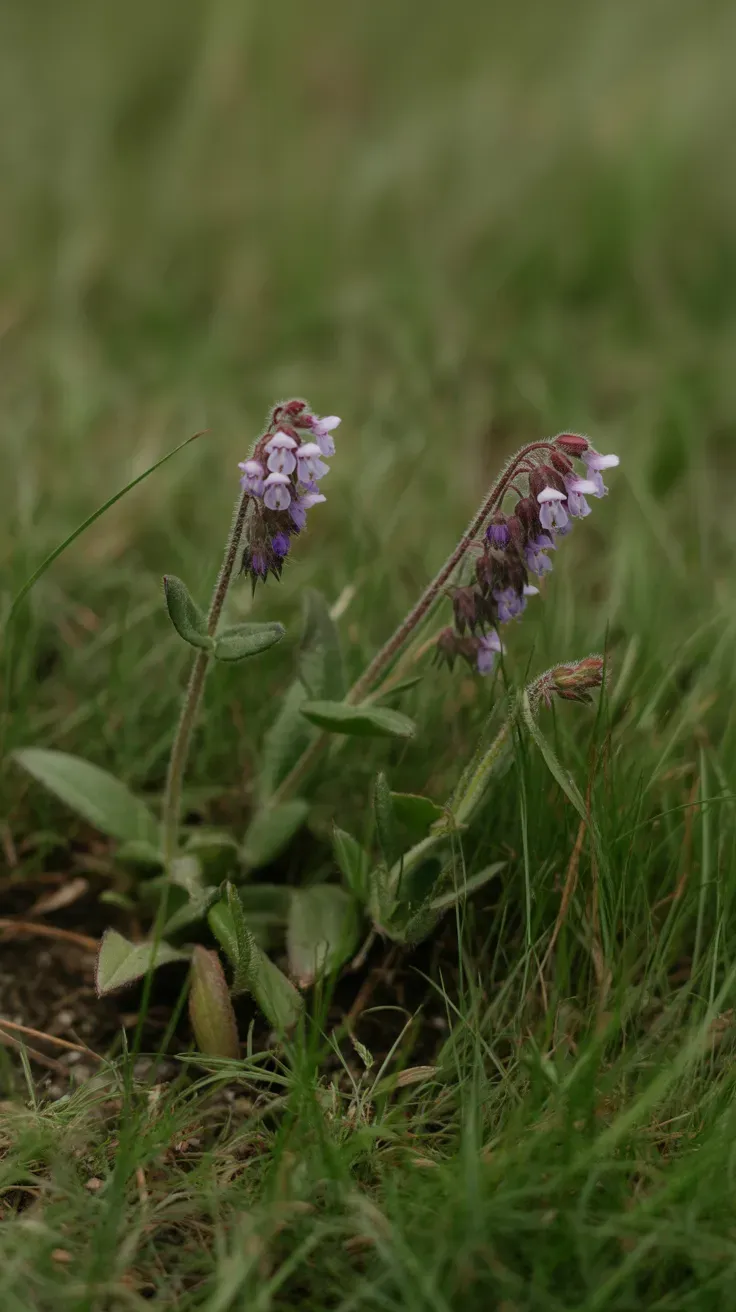 Purple self-heal flower spikes growing low in a mowed lawn patch