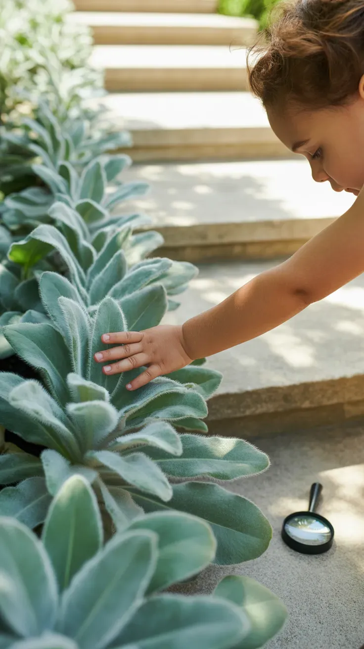 Lamb's ear with soft fuzzy silver leaves bordering sensory kid-safe garden staircase