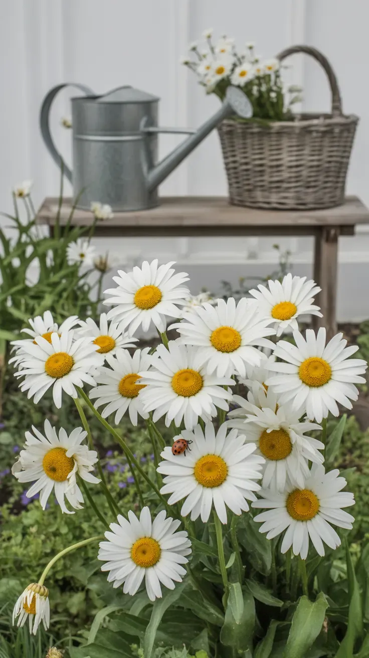 White shasta daisies with yellow centers blooming in a classic cottage garden border