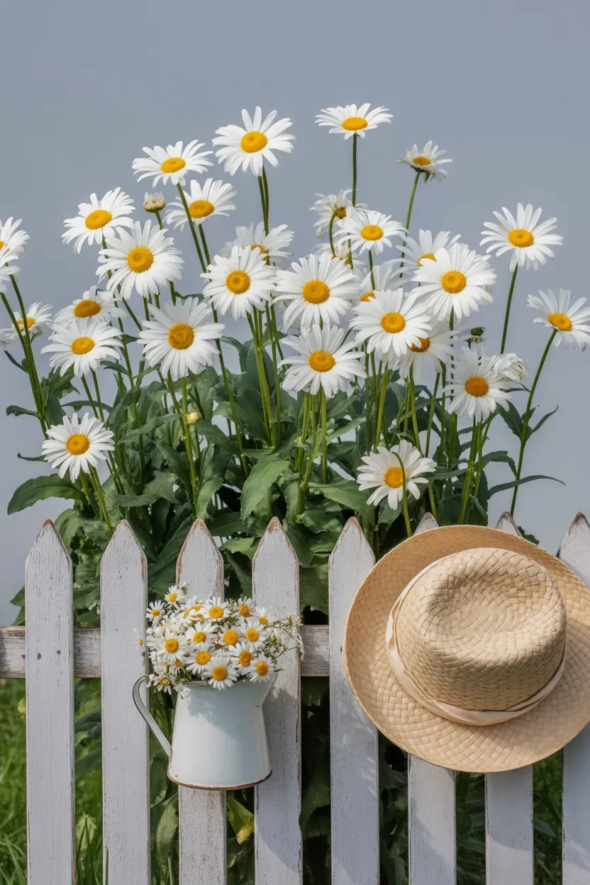 Shasta daisy with crisp white blooms standing tall in sunny cottage garden border