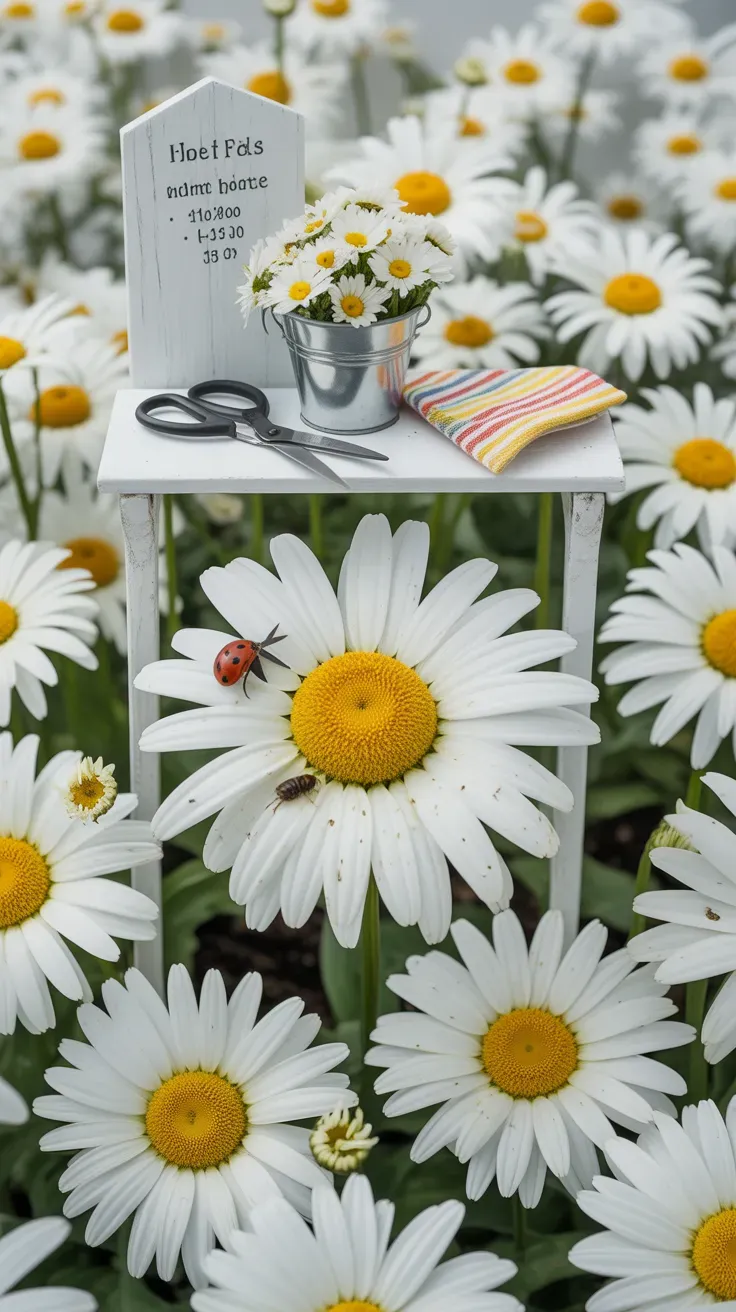 Crisp white Shasta daisies with yellow centers growing in a slightly raised sunny bed