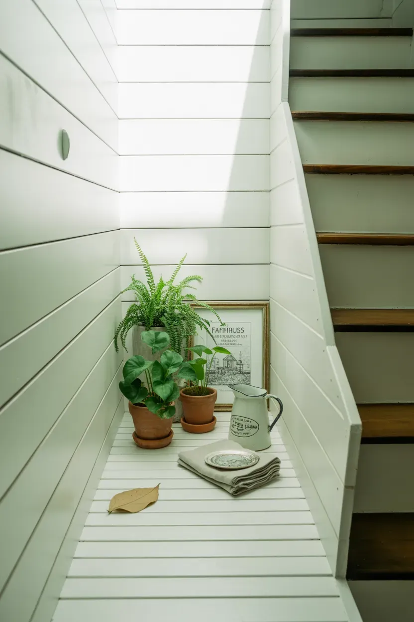 Narrow shiplap wood shelf holding potted plants beside a farmhouse staircase