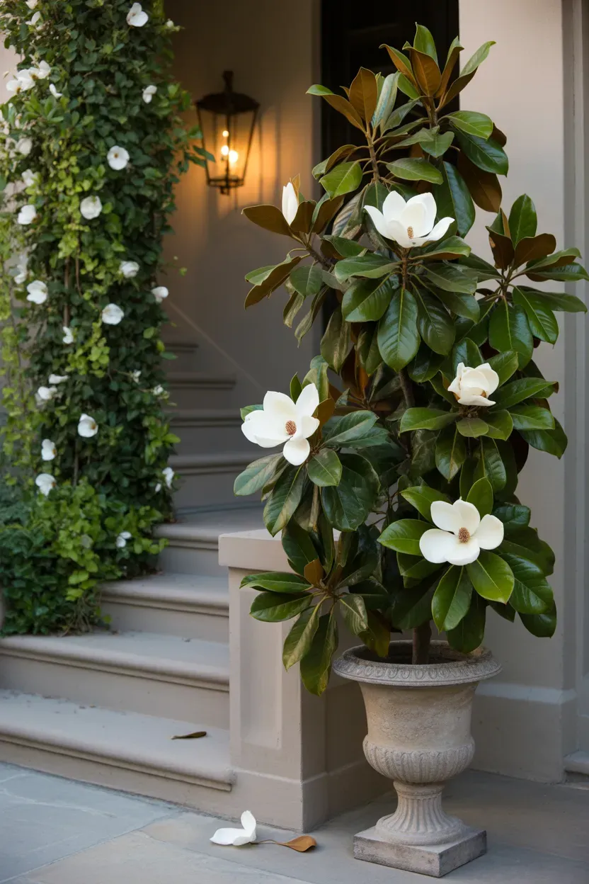 Multi-stem silver birch trees in cast stone planters flanking elegant luxury garden staircase