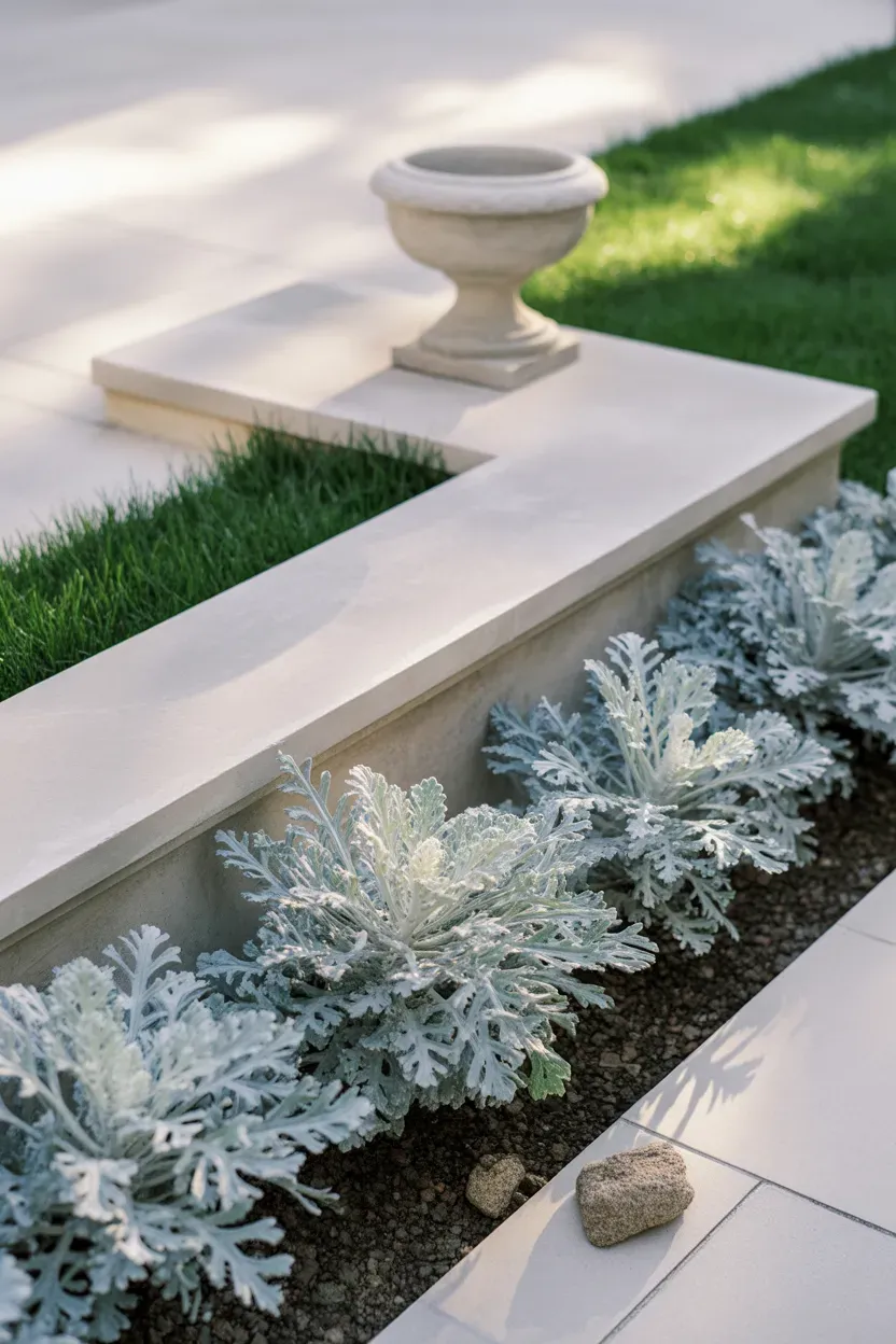 Silver dusty miller foliage bordering base of cool contrast luxury garden staircase