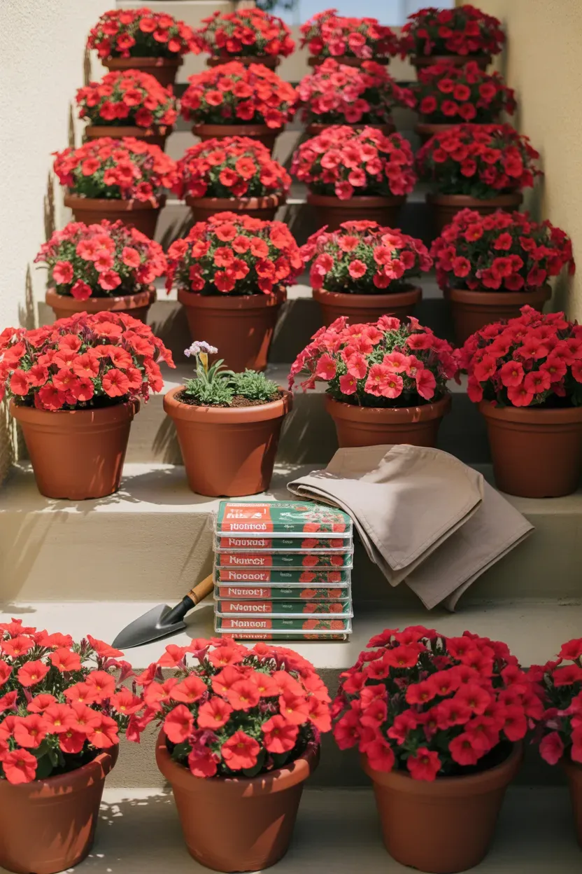Matching red petunias filling identical pots along sunny staircase for cohesive color