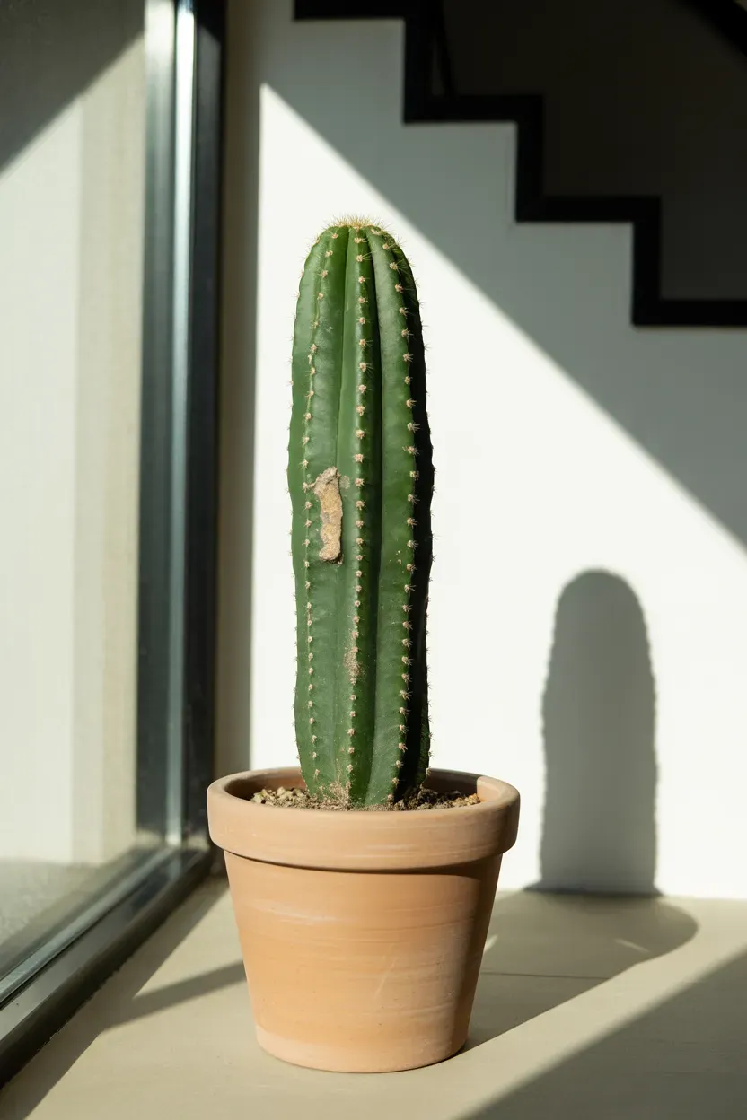 Tall columnar cactus alone in a plain terracotta pot on a bright minimalist staircase