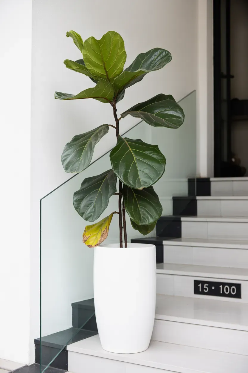 Single fiddle leaf fig in ceramic planter anchoring bright modern staircase entrance