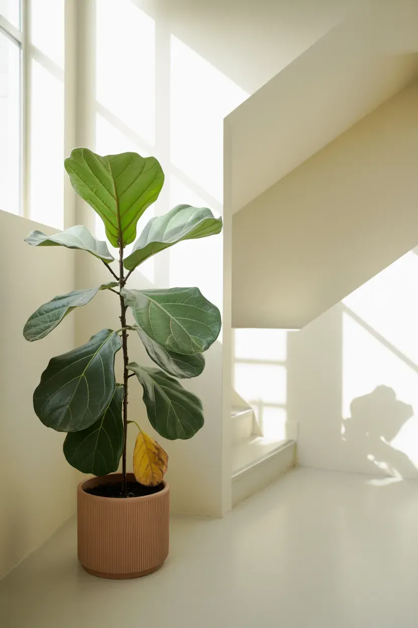 Fiddle leaf fig with large glossy leaves alone on a bright minimalist staircase landing