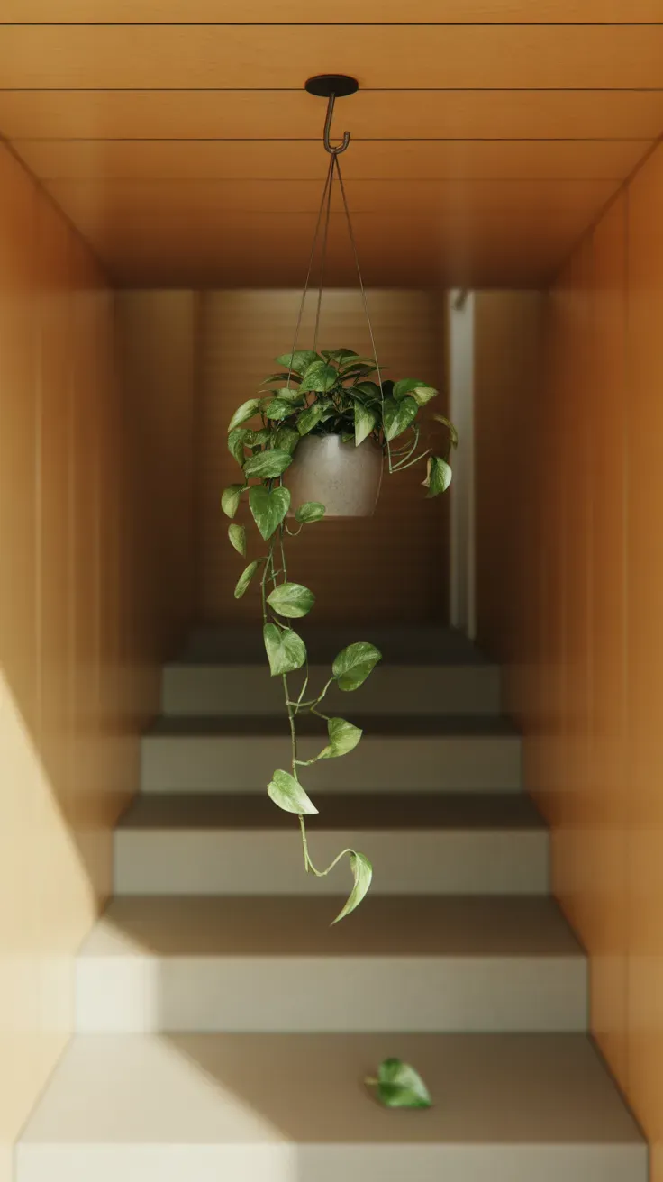 One hanging planter suspended from ceiling above tiny home staircase with clear space below