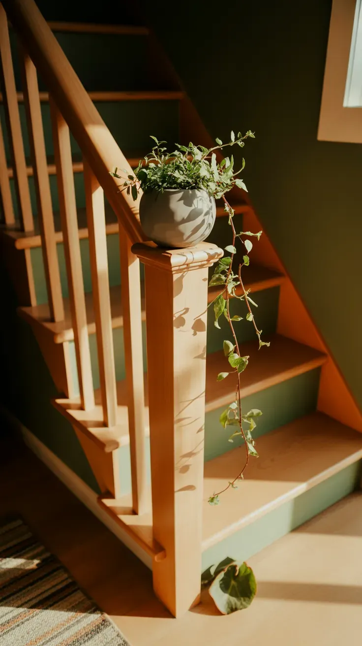 Small planter topping newel post at base of compact tiny home staircase