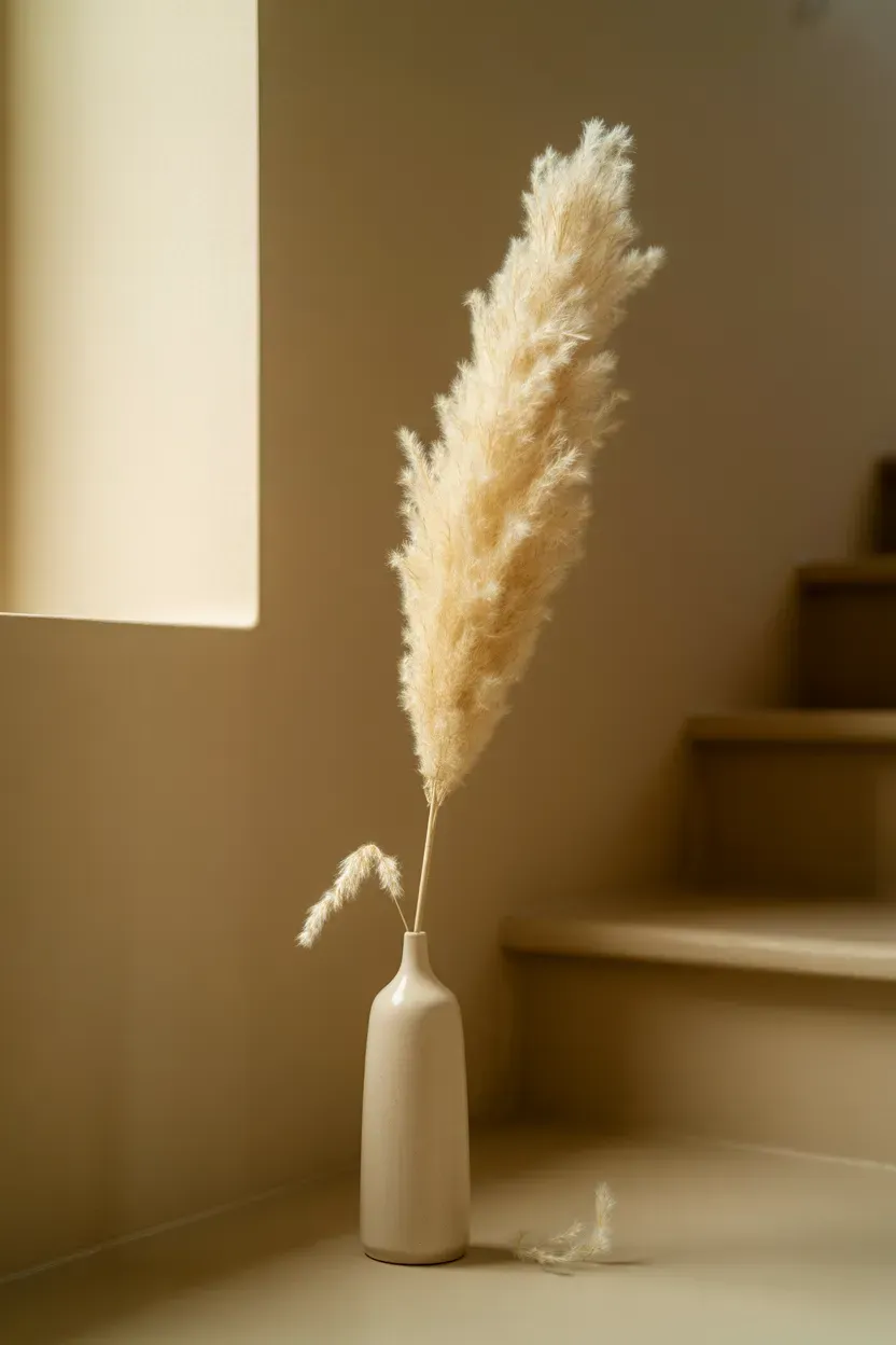 Single dried pampas grass stem in a tall matte vase alone on a minimalist staircase landing