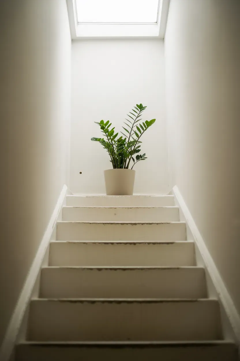 Single ZZ plant alone at the top of an otherwise bare minimalist staircase