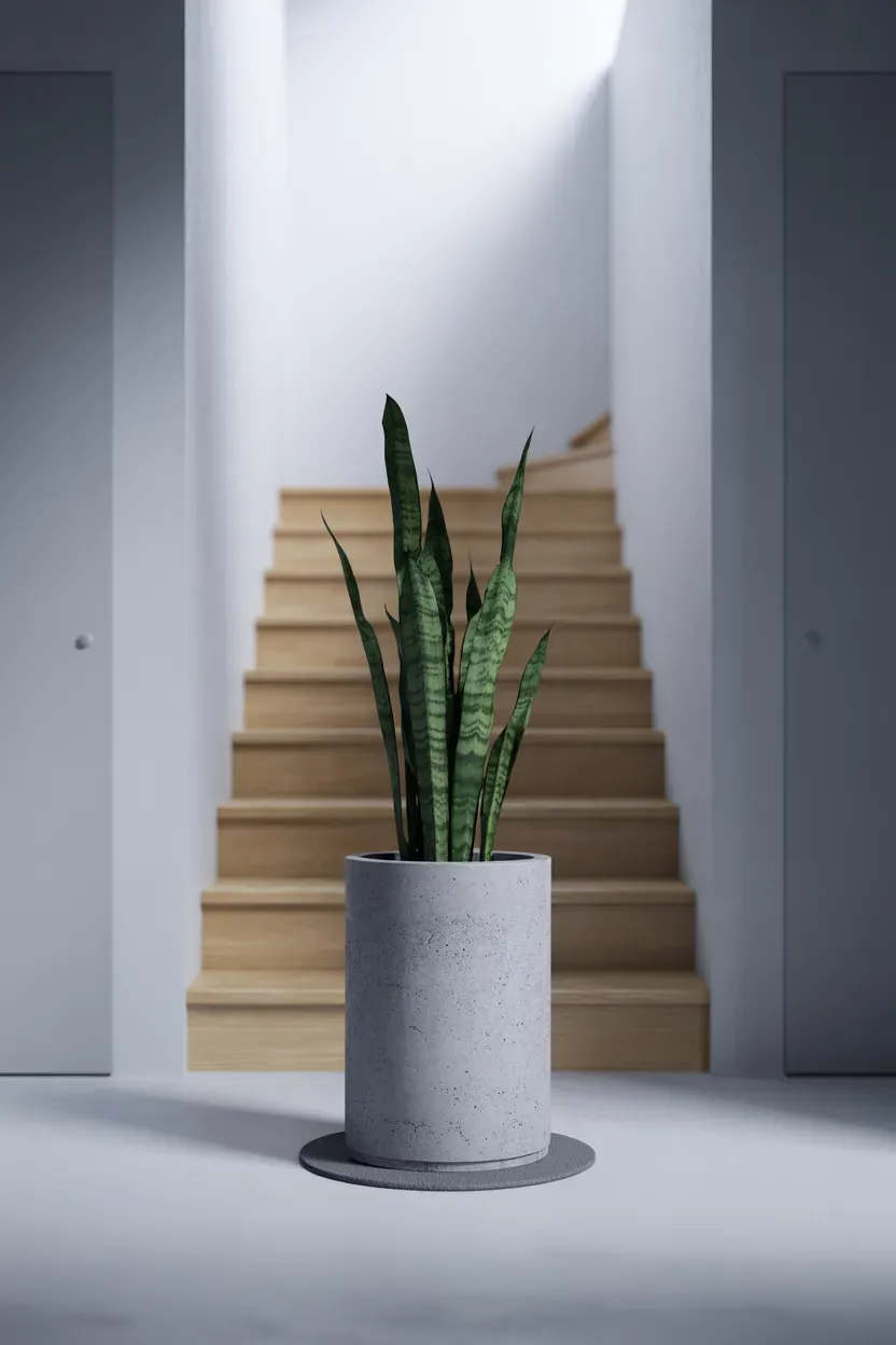 Tall snake plant in a raw concrete pot at the base of a minimalist staircase