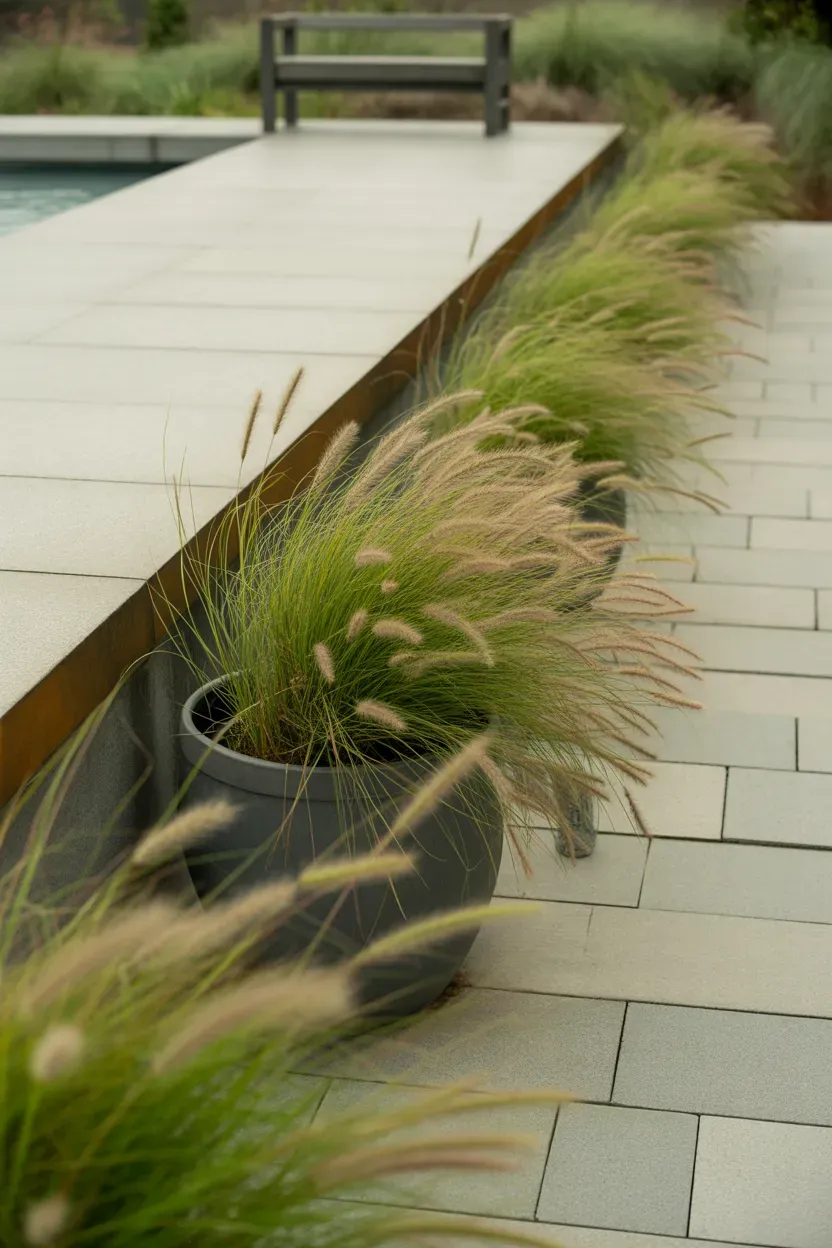 Repeated ornamental grass planters creating movement along sleek modern staircase