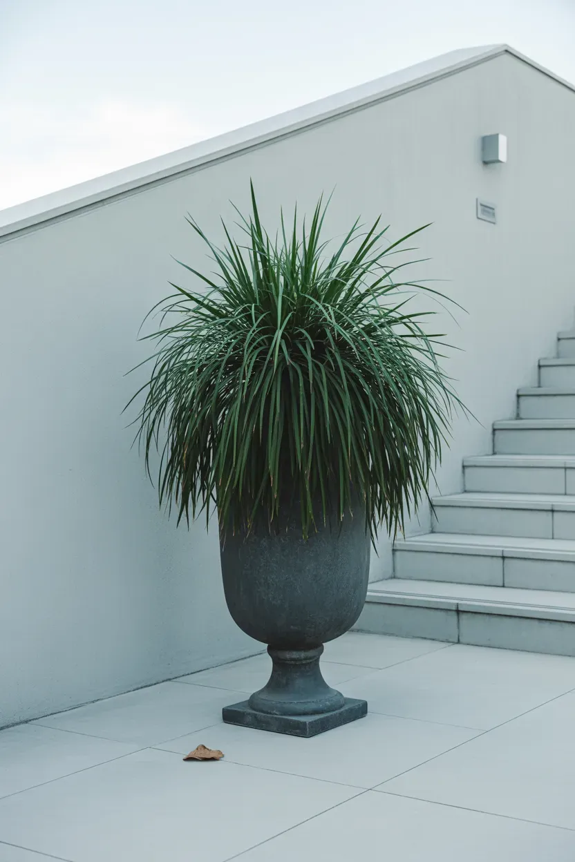 One large statement urn with dramatic foliage plant at minimalist staircase entrance
