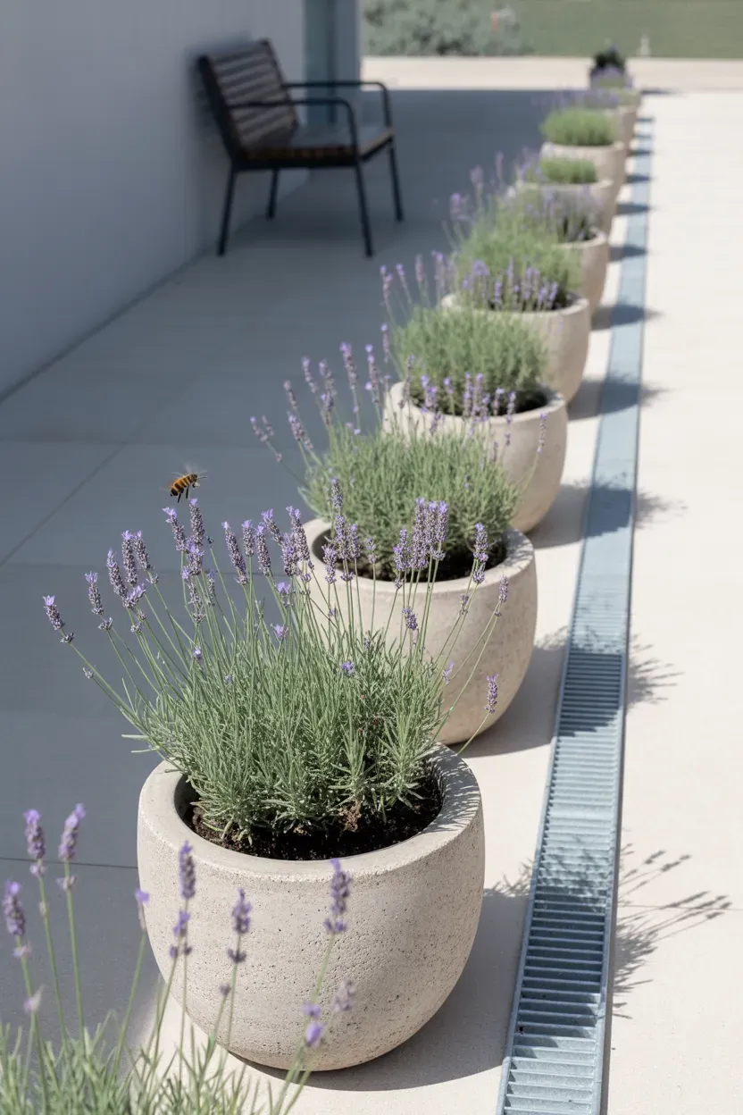 Repeated lavender plants in matching concrete pots providing restrained fragrance along staircase