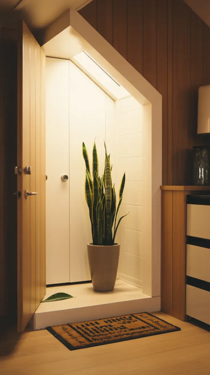One statement plant in narrow pot at top of tiny home staircase landing
