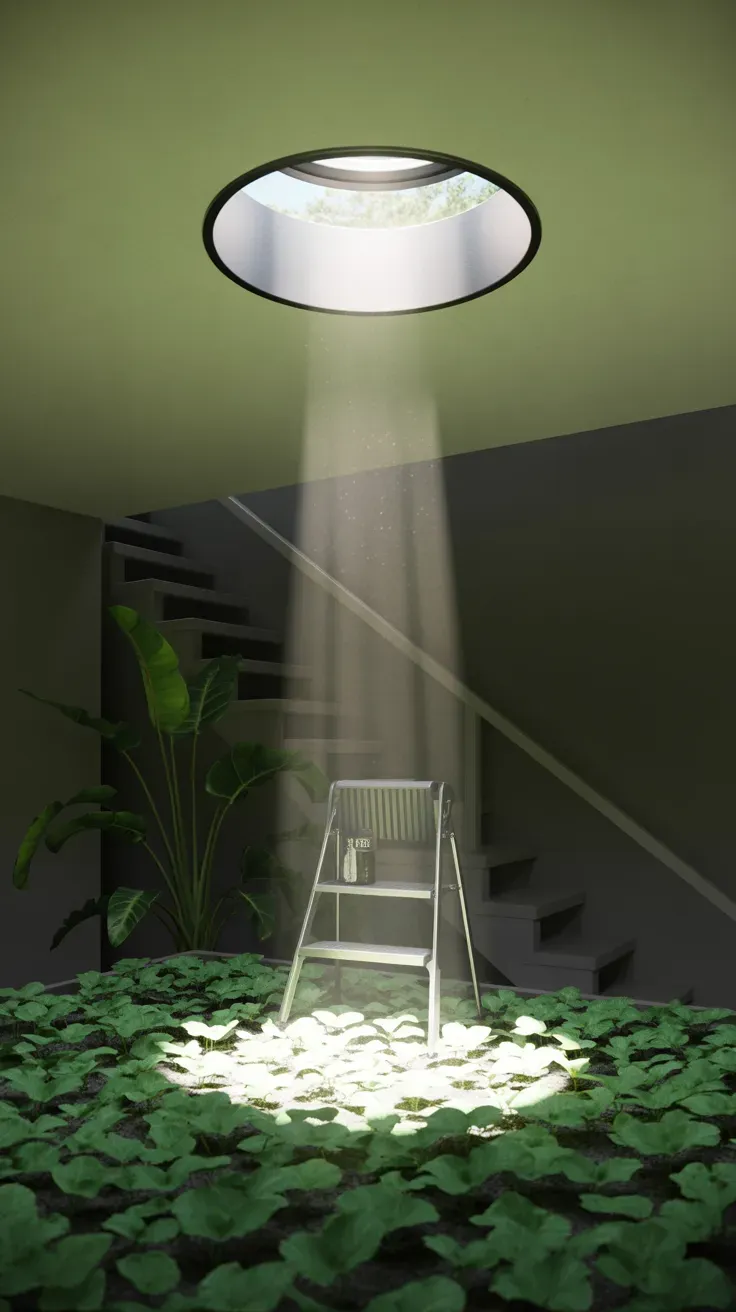 Sun tunnel skylight bringing natural daylight to plant bed on windowless staircase