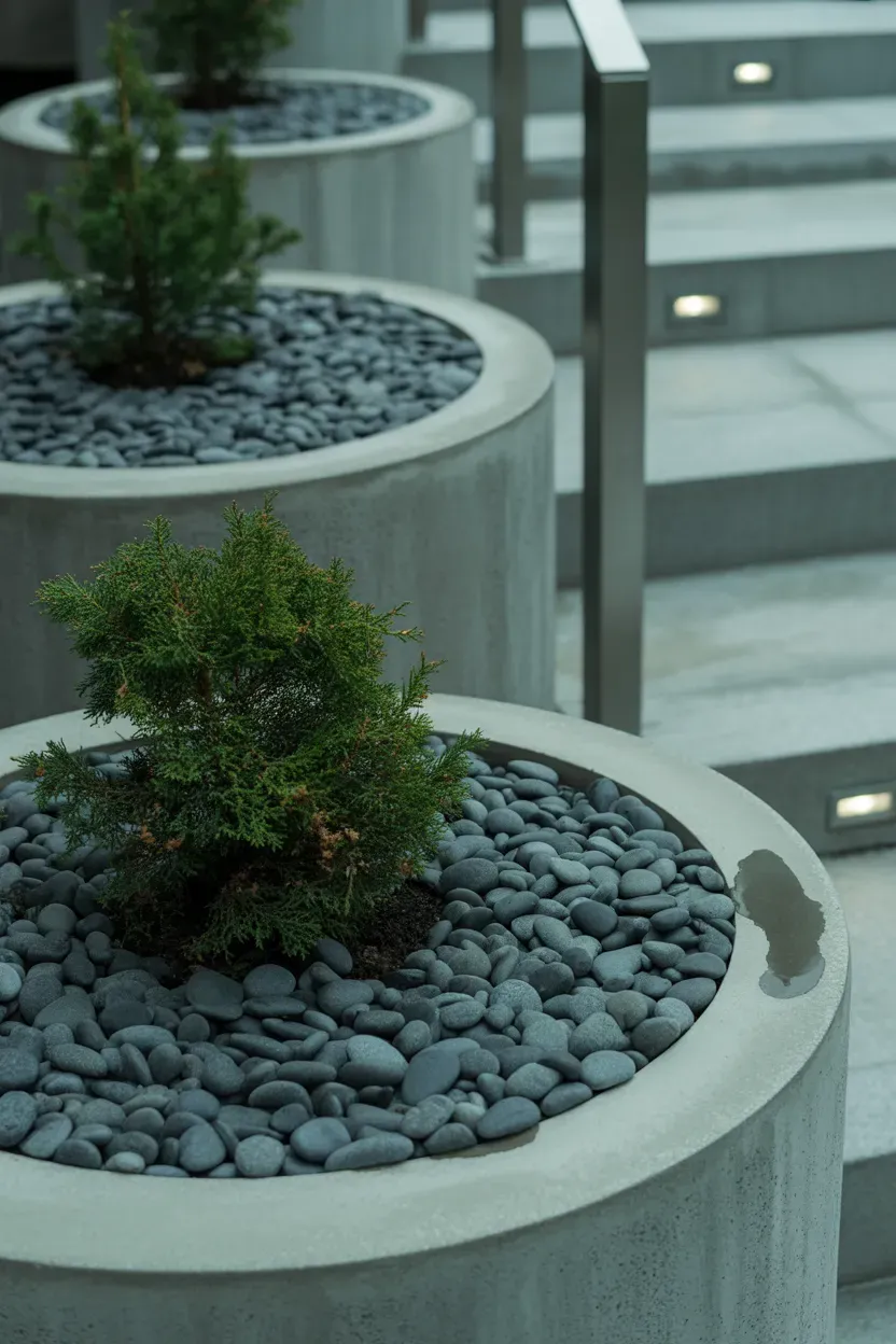 Concrete planters topped with slate gray pebbles and dwarf plants along modern staircase