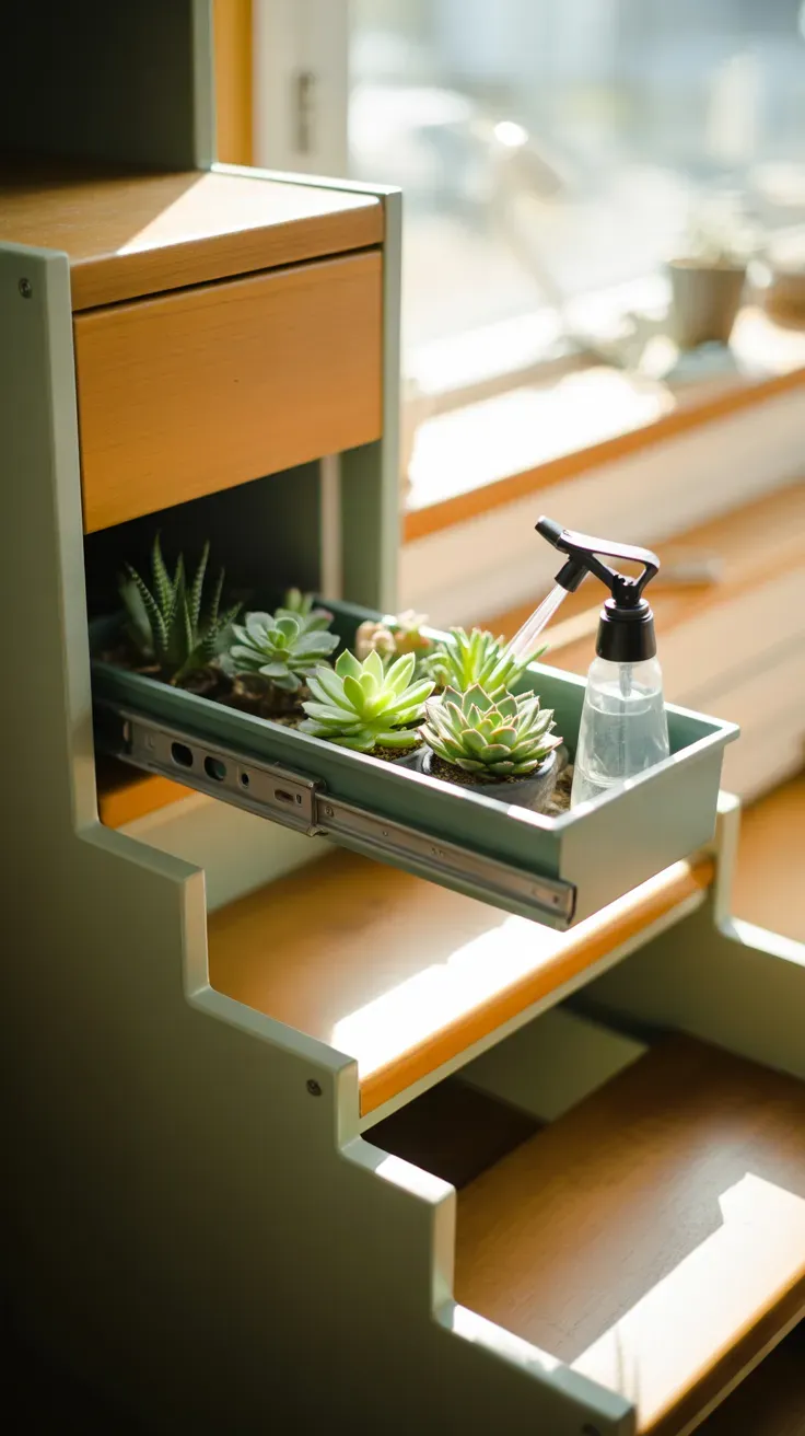 Slide-out succulent tray fitted into storage step drawer of tiny home staircase