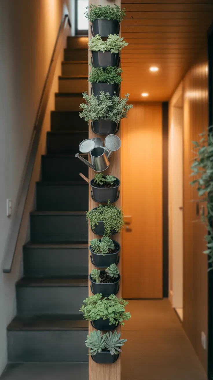 Slim vertical strip of small planters mounted on wall beside tiny home staircase