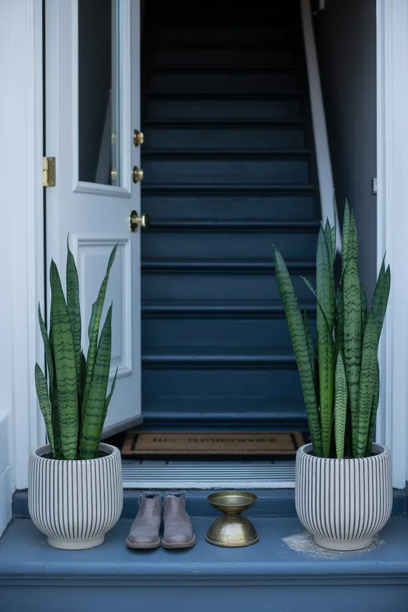 Two tall snake plants in ceramic pots flanking the bottom step of a staircase