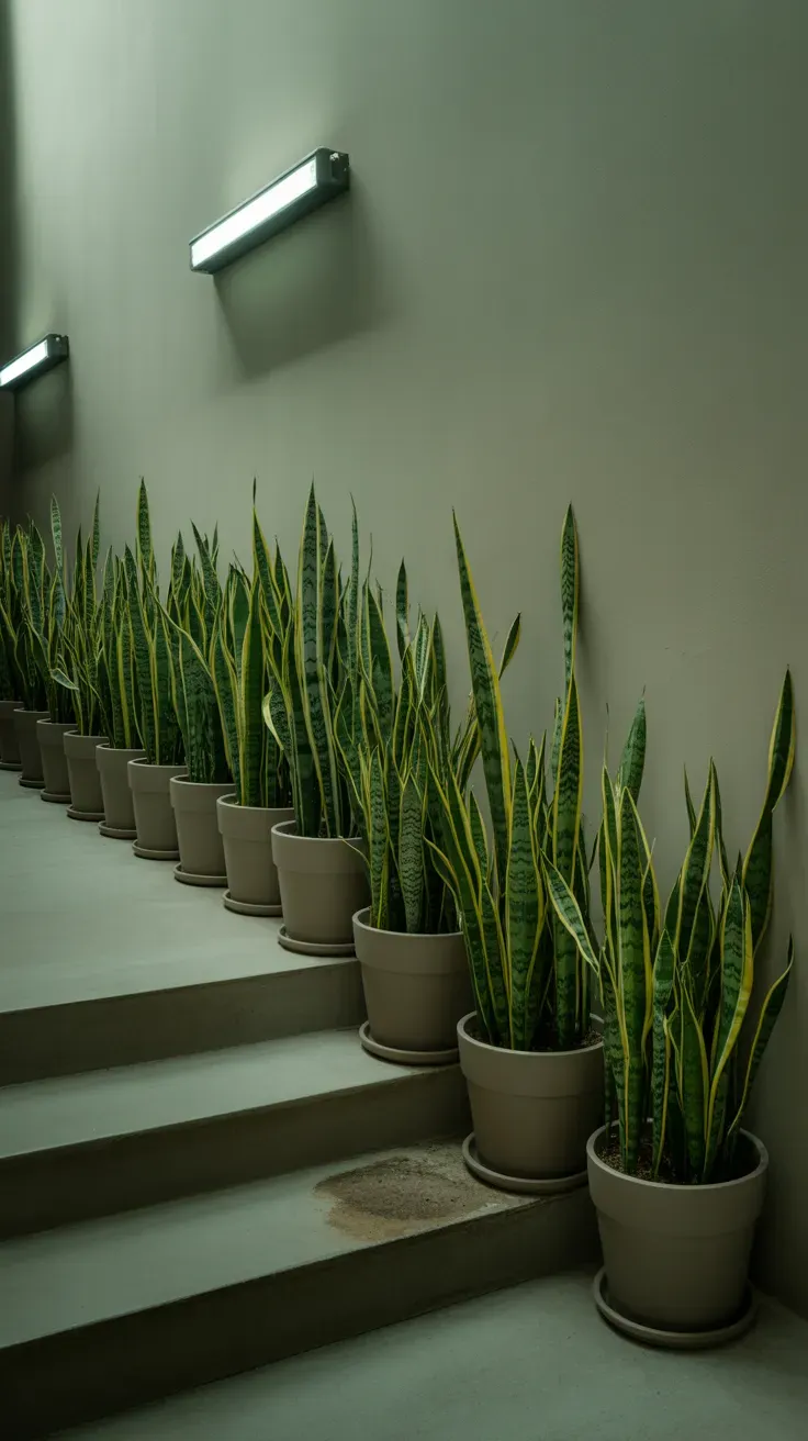 Row of snake plants with upright striped leaves lining dim staircase steps