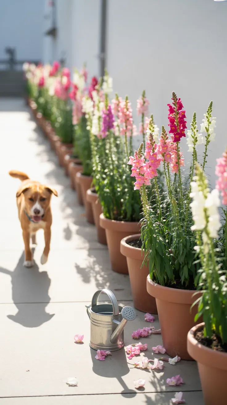 Snapdragon flowers in matching pots lining safe cool-season color row on dog-friendly staircase
