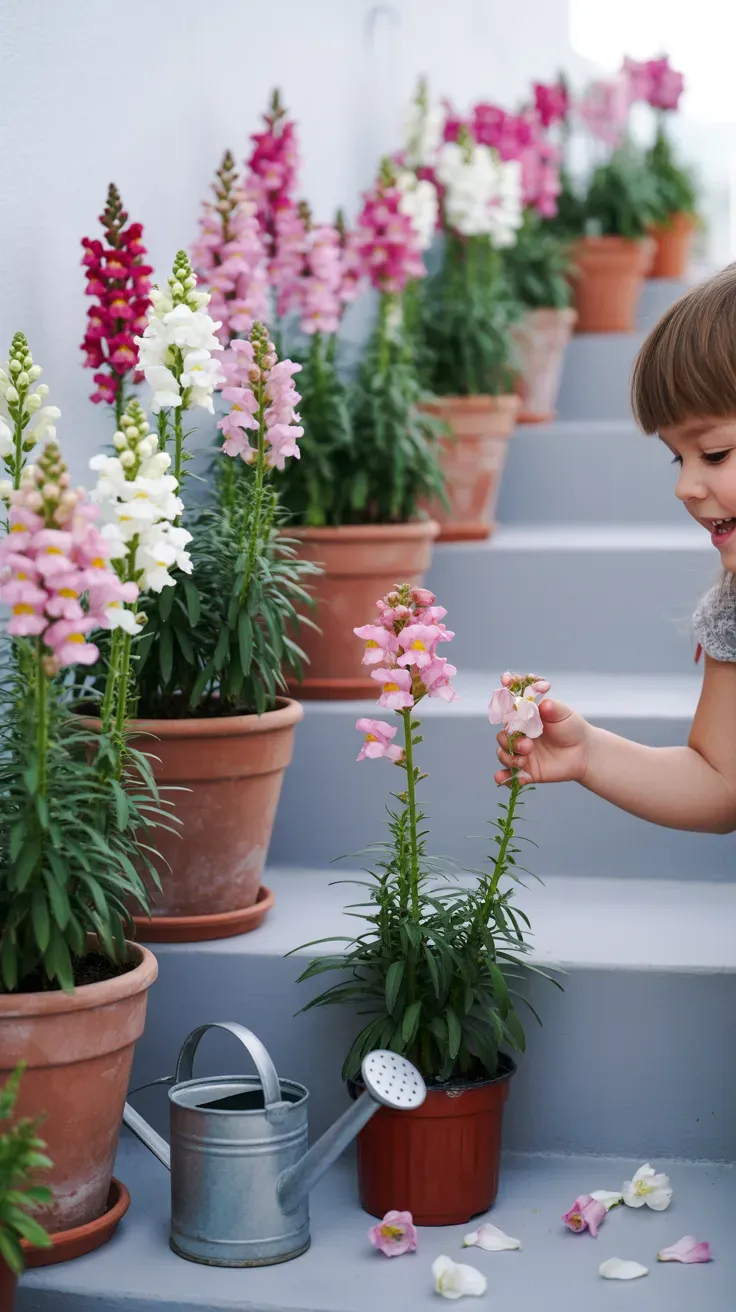 Snapdragon flowers in matching pots lining safe cool-season color row on kid-friendly staircase