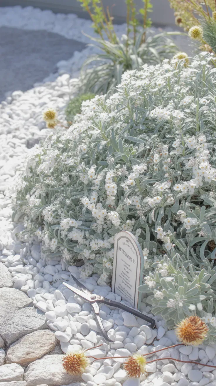 Snow-in-summer with silver foliage and white flowers covering sunny rock garden slope