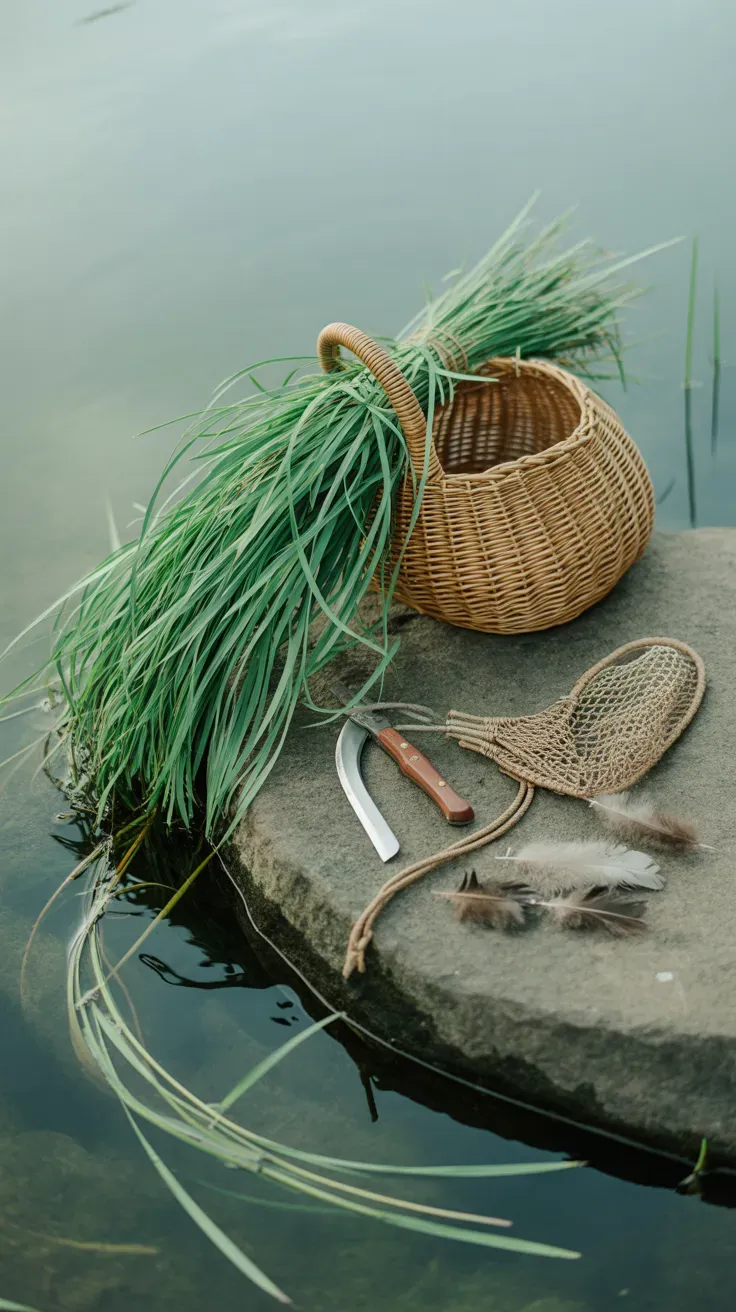 Bundles of soft rush stems coiled beside a fine woven basket at a pond edge