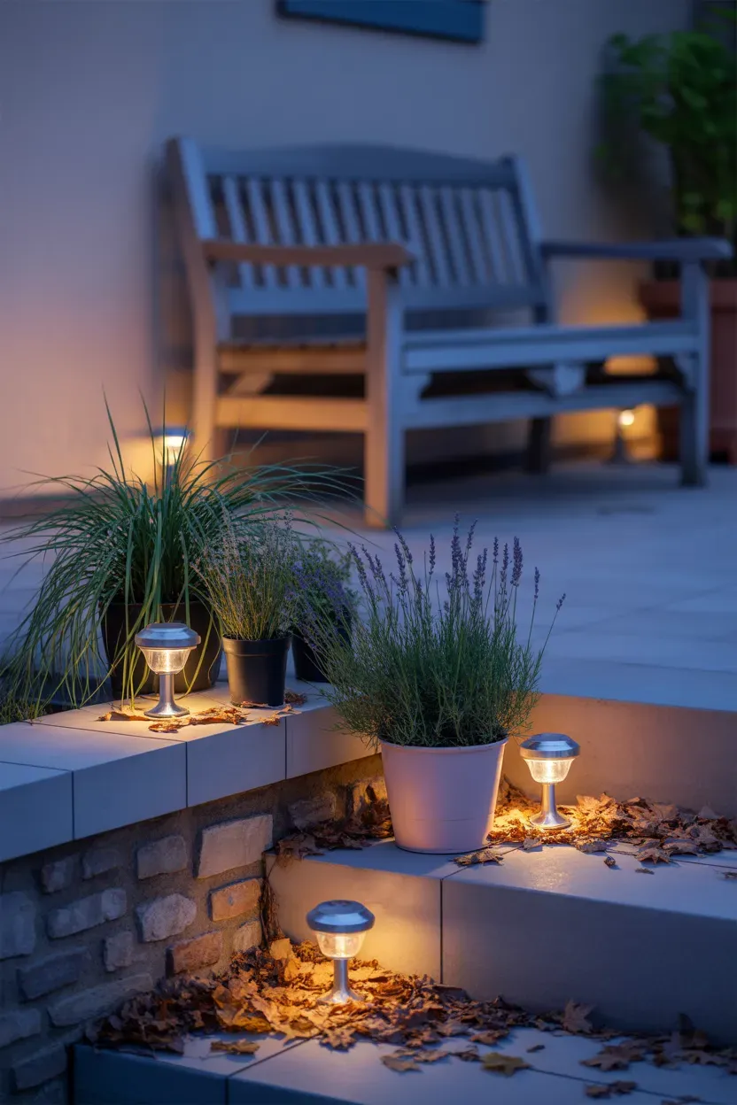 Potted plants with small solar lights creating warm glow on evening garden staircase