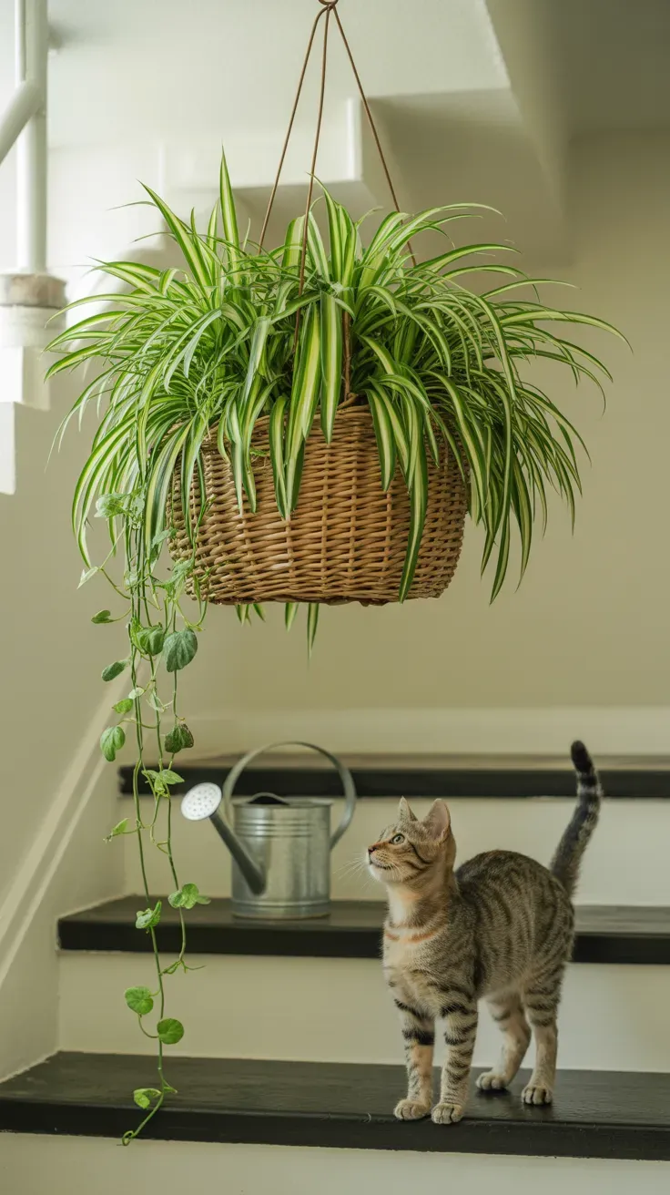 Spider plant in hanging basket suspended above staircase out of cat's reach