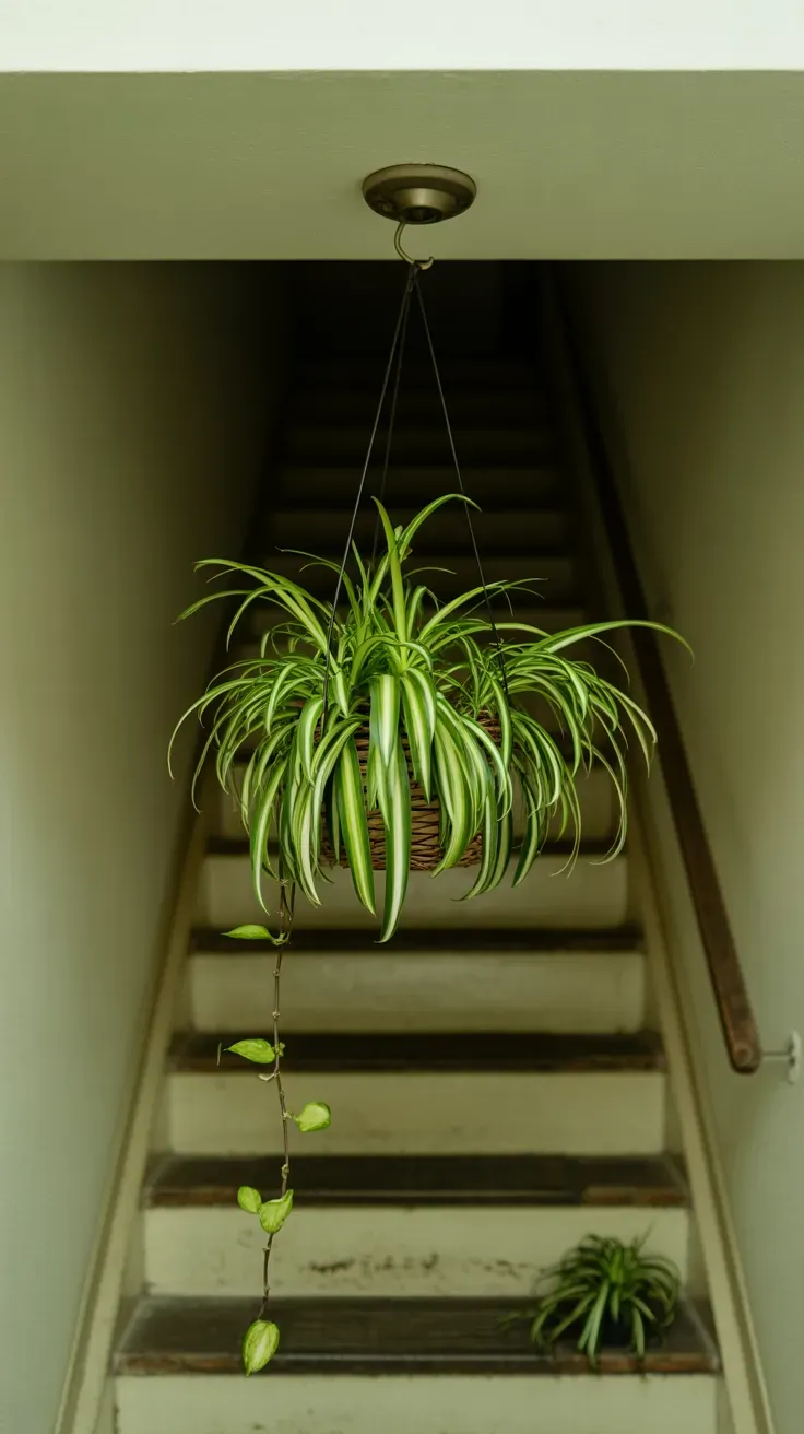 Spider plant in hanging basket with trailing plantlets suspended in dim staircase