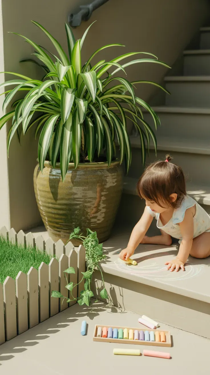 Spider plant in heavy ceramic pot beside kid-safe staircase with child playing nearby