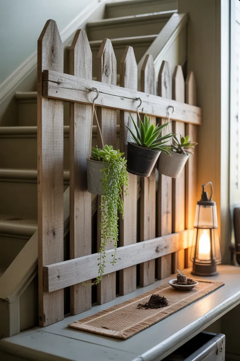 Reclaimed split-rail fence section mounted as a plant shelf on a farmhouse staircase wall