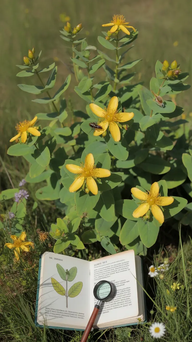 St. John's wort with small yellow star-shaped flowers growing in sunny meadow