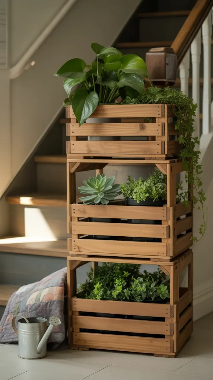 Stacked wooden crates holding mixed potted plants on a rental staircase landing without wall mounting