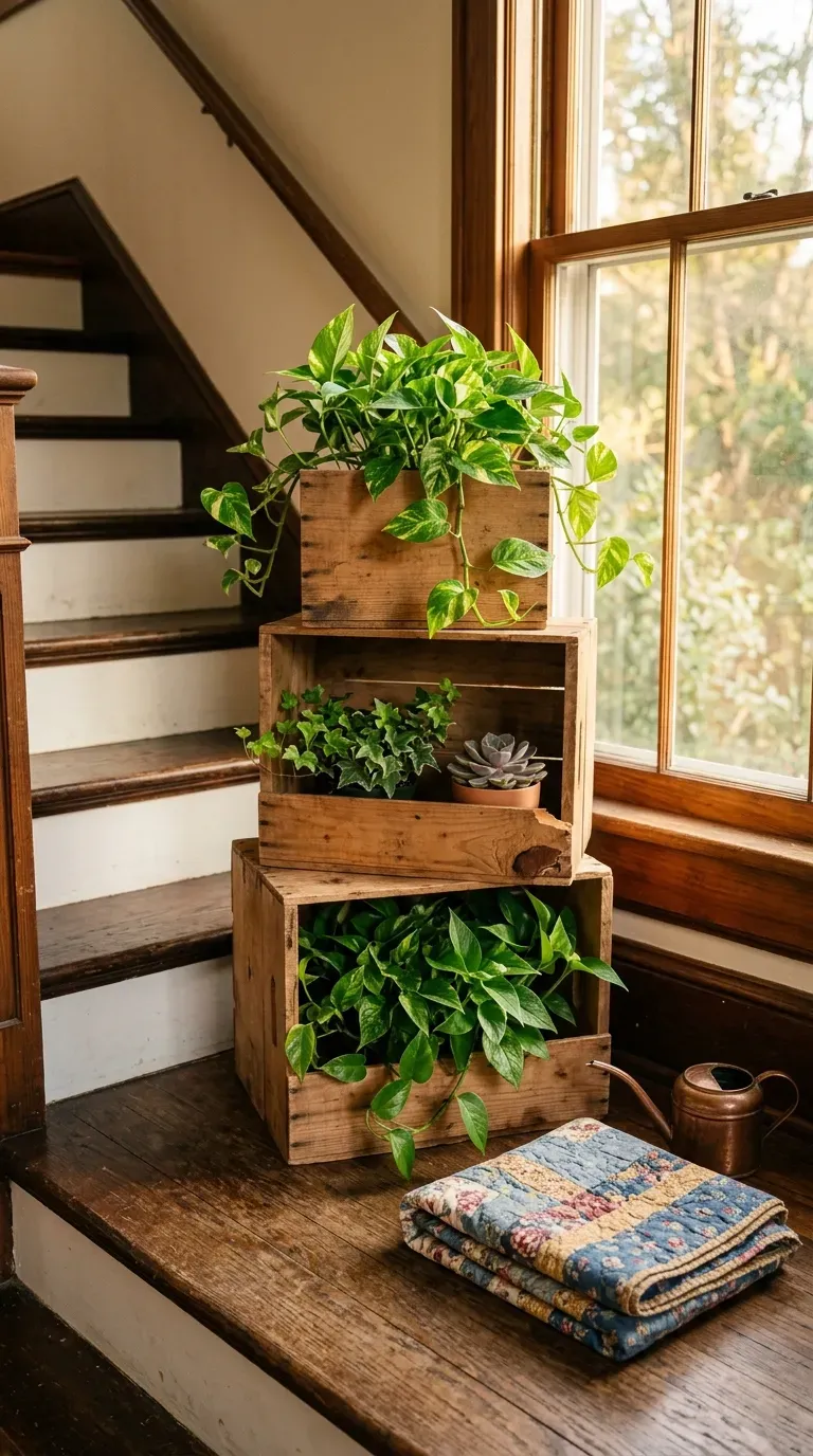 Stacked wooden crates holding mixed potted plants on a staircase landing without wall mounting
