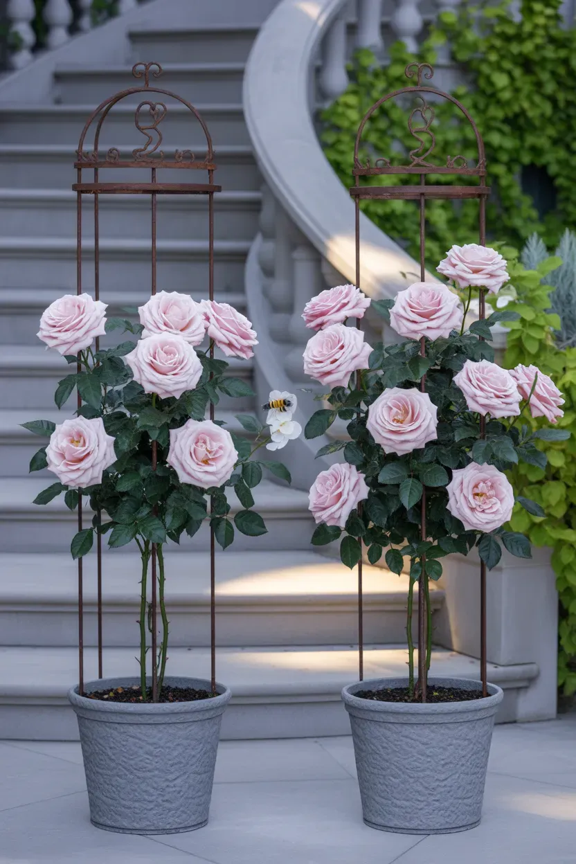 Standard tree-form roses in matching pots flanking romantic elegant luxury staircase