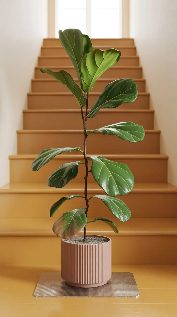 Large fiddle leaf fig on a non-slip furniture pad alone at the base of a staircase