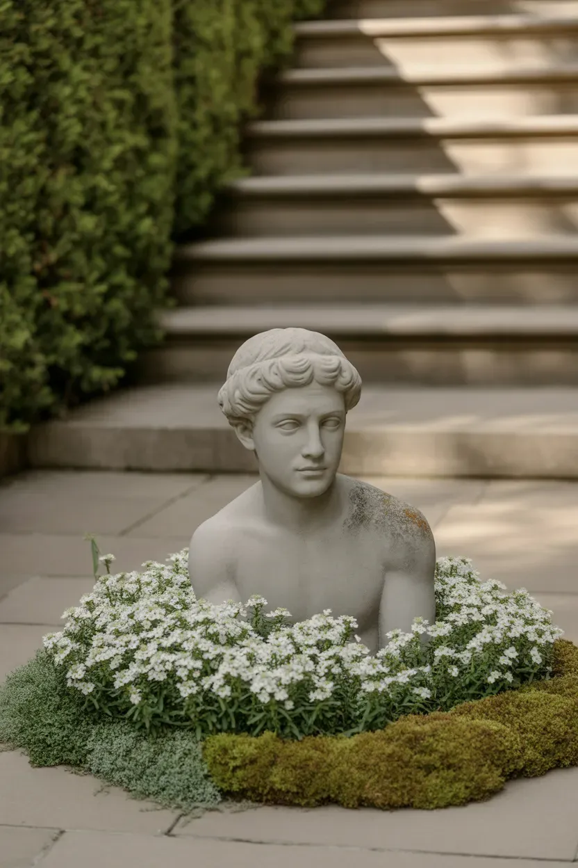 Classical stone statue surrounded by white flowers at focal point of luxury staircase