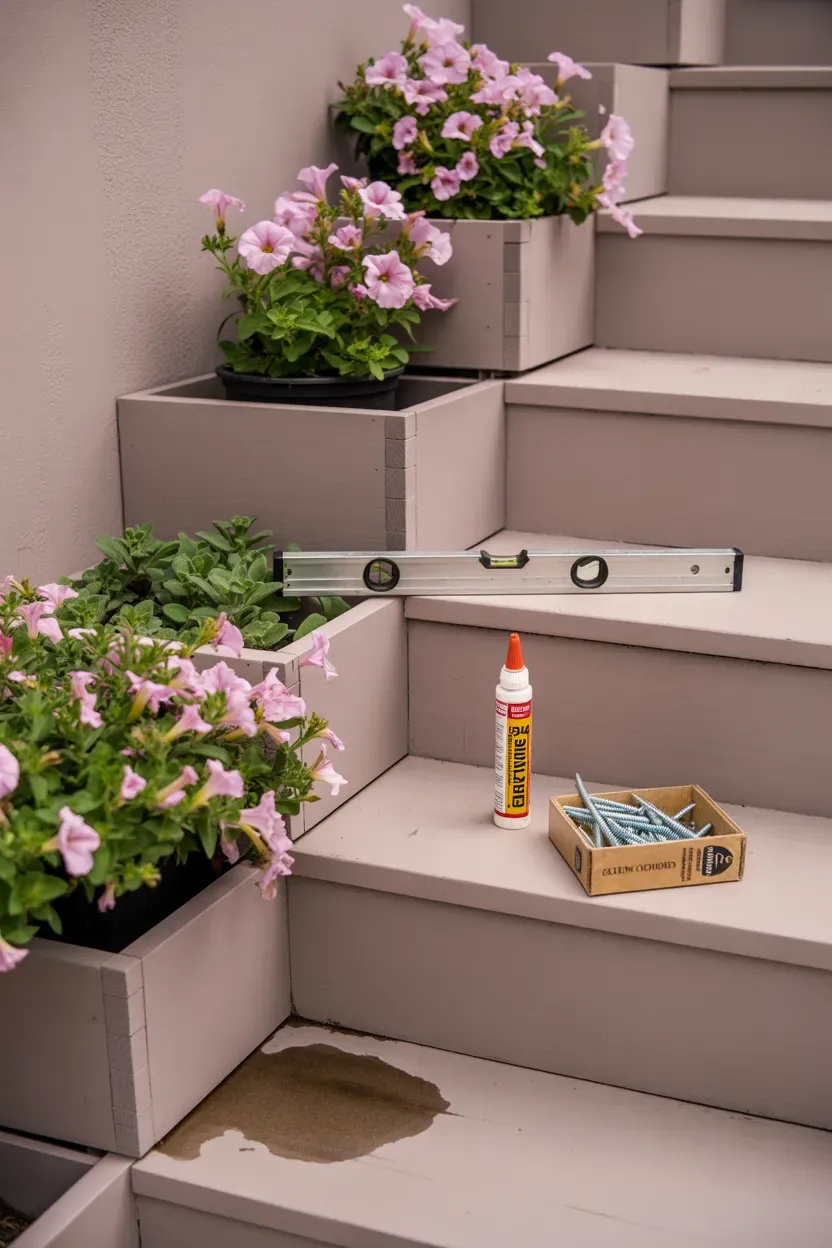 Built-in wooden window boxes attached to staircase risers overflowing with flowers