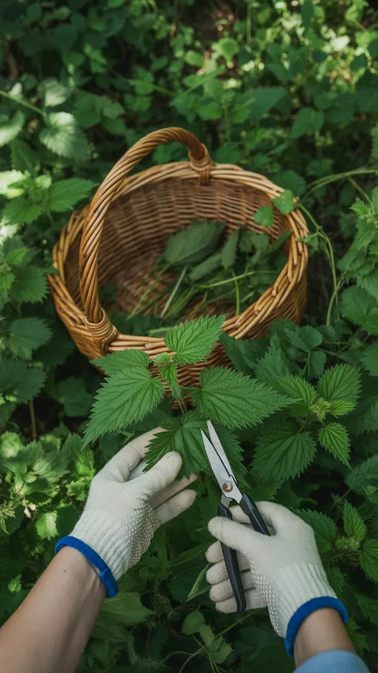 Gloved hands harvesting stinging nettle leaves with garden shears in dappled shade