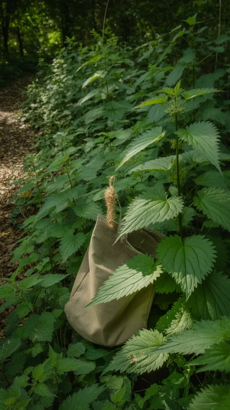 Stinging nettle with serrated leaves growing along shaded woodland edge trail