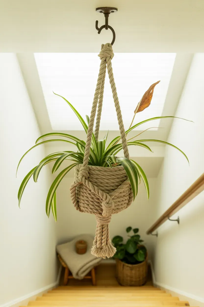 Antique stone crock planters holding snake plants at the base of a farmhouse staircase